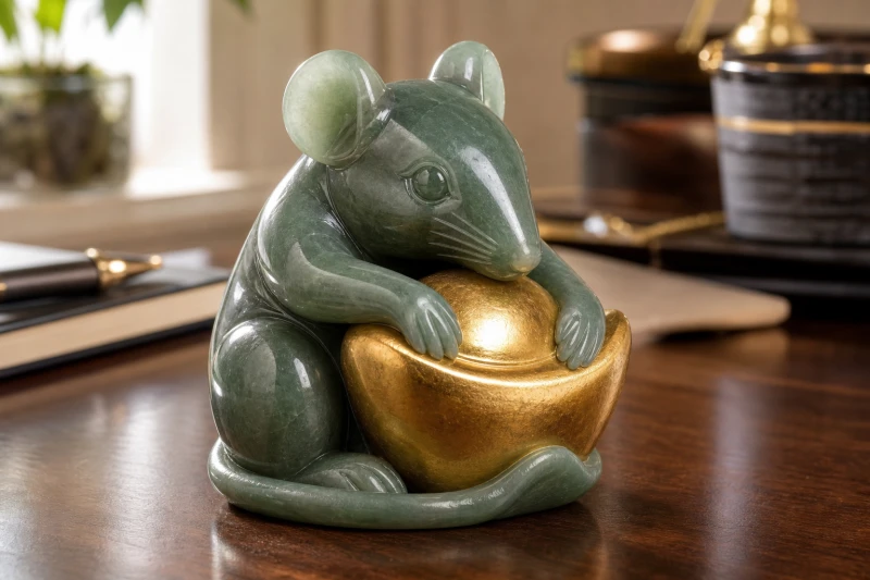 Tượng chuột phong thủy bằng ngọc cẩm thạch ôm thỏi vàng lớn biểu tượng cho sự no đủ và kiên nhẫn