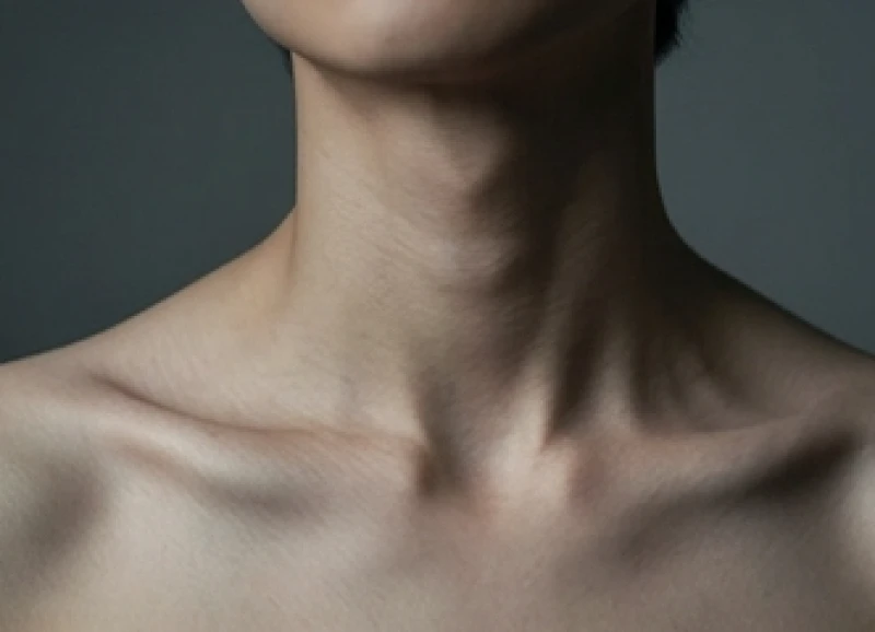 Vùng cổ gầy gò lộ rõ xương quai xanh và các đường gân của người mang nét tướng vất vả