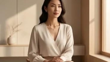 Người phụ nữ Á Đông diện áo cổ chữ V thanh lịch thể hiện nét đẹp của tướng cổ ngắn