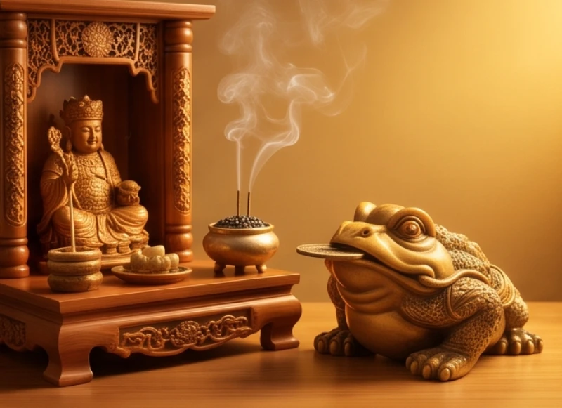 Thiềm thừ phong thủy tuổi Tý: Tra cứu ngũ hành và hướng bài trí 1 Tượng cóc ba chân ngậm tiền xu đặt cạnh bàn thờ Thần Tài trong không gian ánh sáng ấm áp