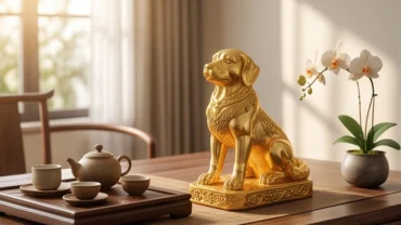 Tượng con chó phong thủy hợp tuổi tuất bằng đồng mạ vàng đặt trang trọng trên bàn trà phòng khách