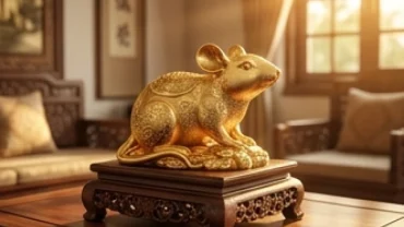 Tượng con chuột phong thủy hợp tuổi tý đúc đồng mạ vàng sang trọng đặt trên đôn gỗ tại phòng khách