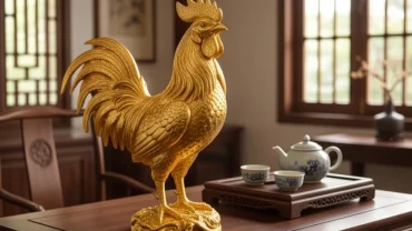 Tượng con gà phong thủy hợp tuổi Dậu bằng đồng mạ vàng đặt trang trọng trên bàn trà bằng gỗ tự nhiên
