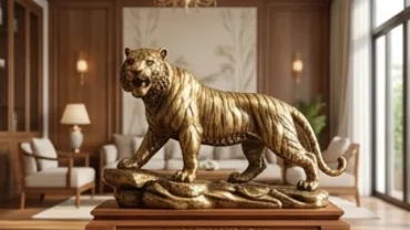 Tượng con hổ phong thủy bằng đồng mạ vàng uy nghi đặt trên bệ gỗ sang trọng hợp tuổi dần