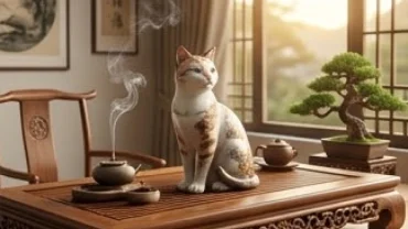 Tượng con mèo phong thủy hợp tuổi mão bằng gốm sứ cao cấp đặt trang trọng trên bàn trà gỗ
