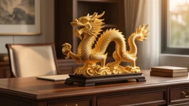 Tượng con rồng phong thủy hợp tuổi thìn bằng đồng mạ vàng đặt trang trọng trên bàn làm việc gỗ