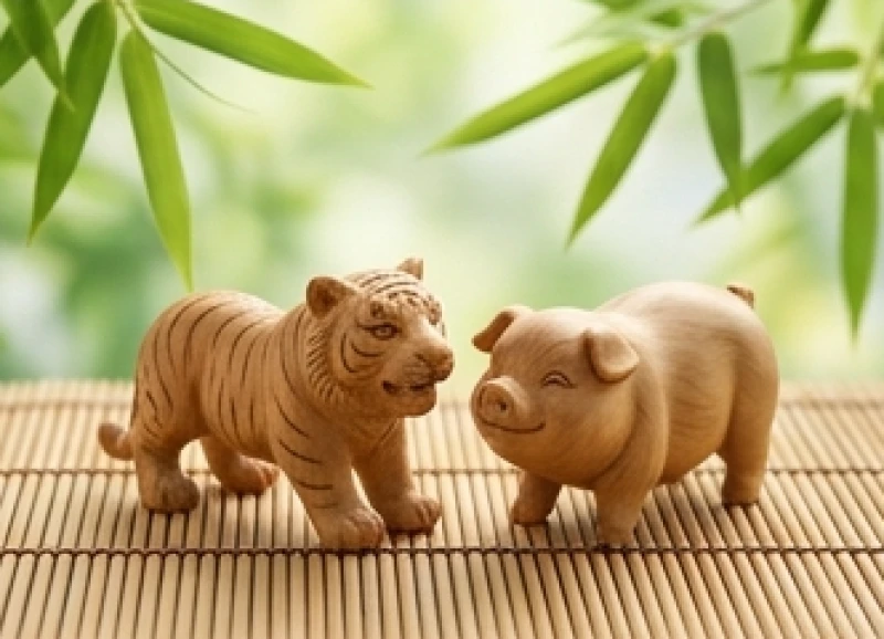 Tứ hành xung là gì: Bản chất 3 nhóm tuổi và cách hóa giải 5 Tượng gỗ điêu khắc tinh xảo của Hổ và Lợn đại diện cho cặp nhị hợp mang lại may mắn