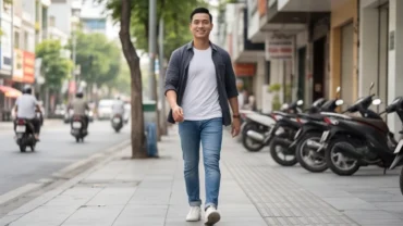 Người đàn ông đi bộ trên phố với tướng đi lắc vai bập bênh hai bên bả vai