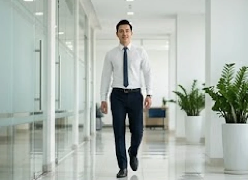 Người đàn ông bước đi với tướng đi nhanh nhẹn duy trì trục lưng thẳng và mắt nhìn về phía trước