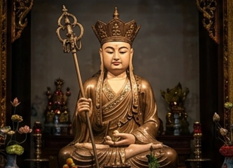 Bức tượng Địa Tạng Vương Bồ Tát tĩnh tại cầm tích trượng trong ánh sáng mờ ảo của chánh điện