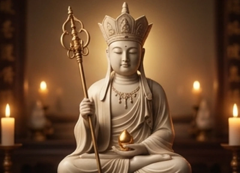 Tôn tượng Địa Tạng Vương Bồ Tát cầm tích trượng độ hóa chúng sinh trong cõi u minh