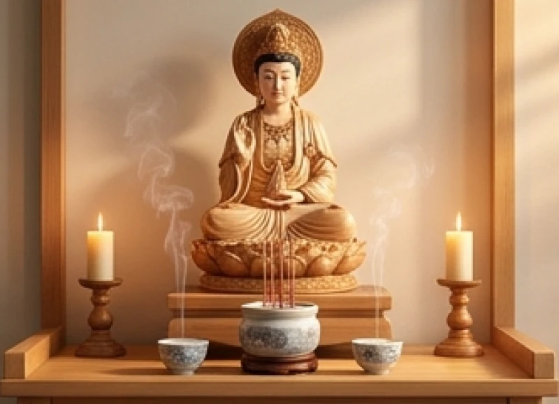 Tôn tượng Diêu Trì Kim Mẫu trang nghiêm được đặt ở vị trí cao nhất trên bàn thờ tại gia.