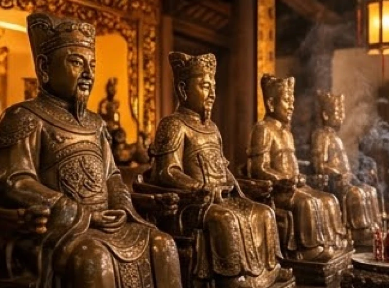 Các pho tượng đồng đúc tinh xảo của các vị vua nhà Trần được thờ phụng trang trọng tại đền Trùng Hoa
