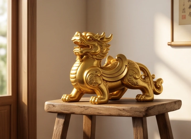 Linh vật phong thủy tuổi Mão: danh sách kiêng kỵ và cách an vị 5 Tượng linh vật phong thủy bằng đồng nguyên khối mạ vàng óng ánh đặt trên đôn gỗ