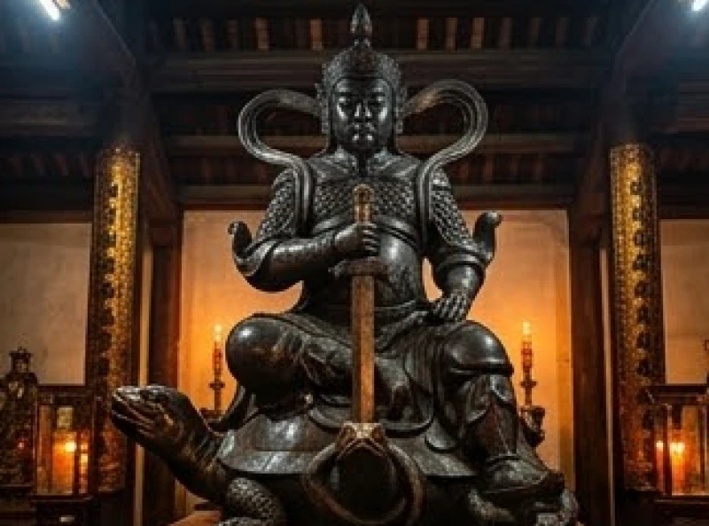 Văn khấn xin lộc Đền Quán Thánh: Bài chuẩn cầu tài lộc và sắm lễ 3 Pho tượng đồng đen Đức Huyền Thiên Trấn Vũ ngồi uy nghi chống gươm trên lưng rùa