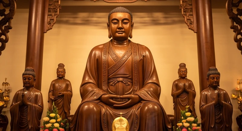Tượng Đức Chúa Ông uy nghi được thờ phụng tại một gian riêng bên cạnh chính điện trong chùa Việt Nam