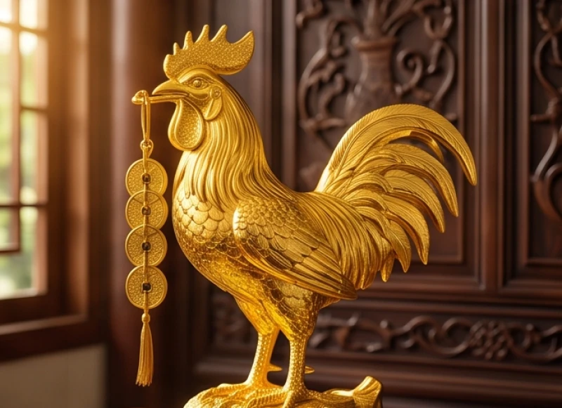 Tượng con gà phong thủy hợp tuổi Dậu mạ vàng 24k rực rỡ đứng ngậm dây tiền xu may mắn