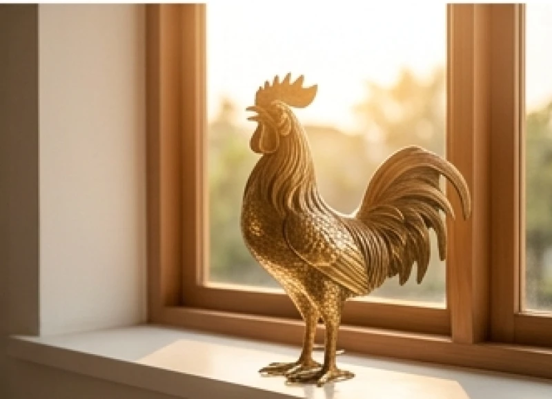 Tượng gà trống bằng đồng bóng bẩy với chiếc mỏ nhọn hướng ra phía cửa sổ đầy nắng