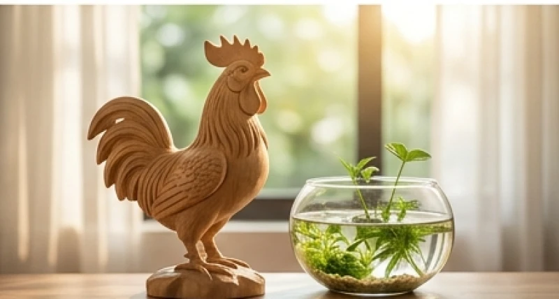 Tượng gà trống đục từ khối gỗ tự nhiên đặt cạnh một chậu nước thủy sinh nhỏ giúp làm mềm hóa sự đối kháng năng lượng