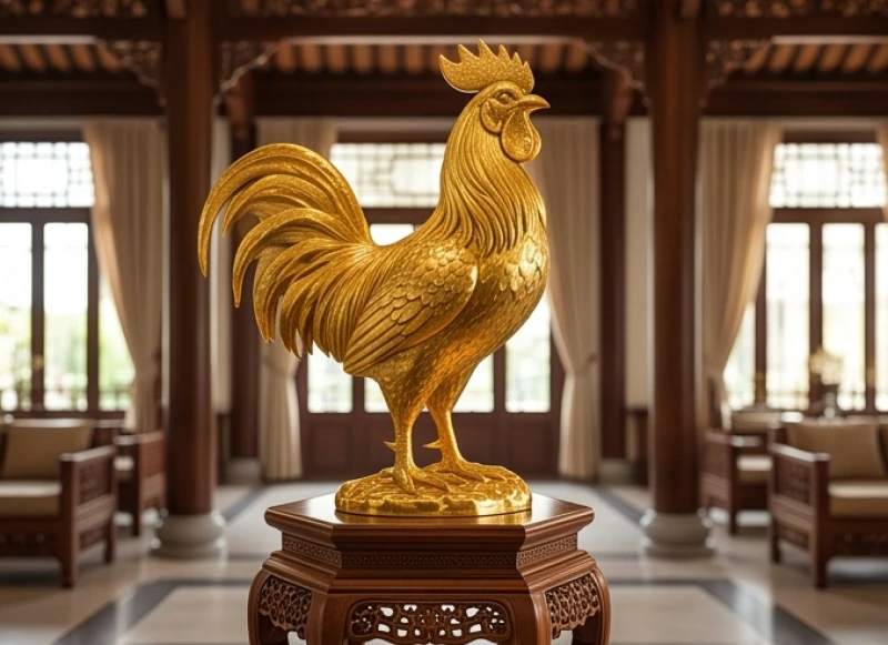 Bức tượng gà phong thủy cỡ lớn đặt uy nghi trên đôn gỗ tại đại sảnh sang trọng của công ty