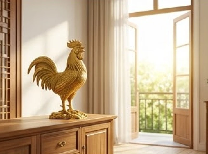 Tượng gà trống mạ vàng với phần mỏ hướng ra cửa sổ đón ánh sáng mặt trời