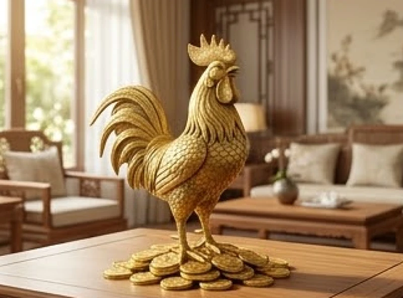 Tượng gà trống phong thủy oai vệ mạ vàng đặt trong phòng khách giúp người tuổi Dậu tăng cường nội lực