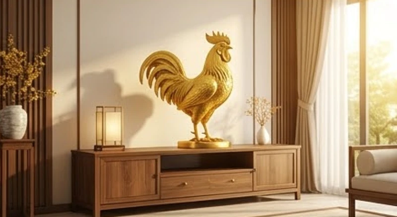 Mơ thấy gà vàng: Giải mã điềm tài lộc và sổ mơ con số 6 Bức tượng gà trống bằng vàng được bài trí tinh tế ở góc phòng khách hướng mỏ ra phía cửa sổ đón nắng