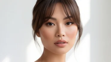 Khuôn mặt nữ giới châu Á thanh tú với tướng gò má nhô ngang được trang điểm làm mềm mại góc cạnh