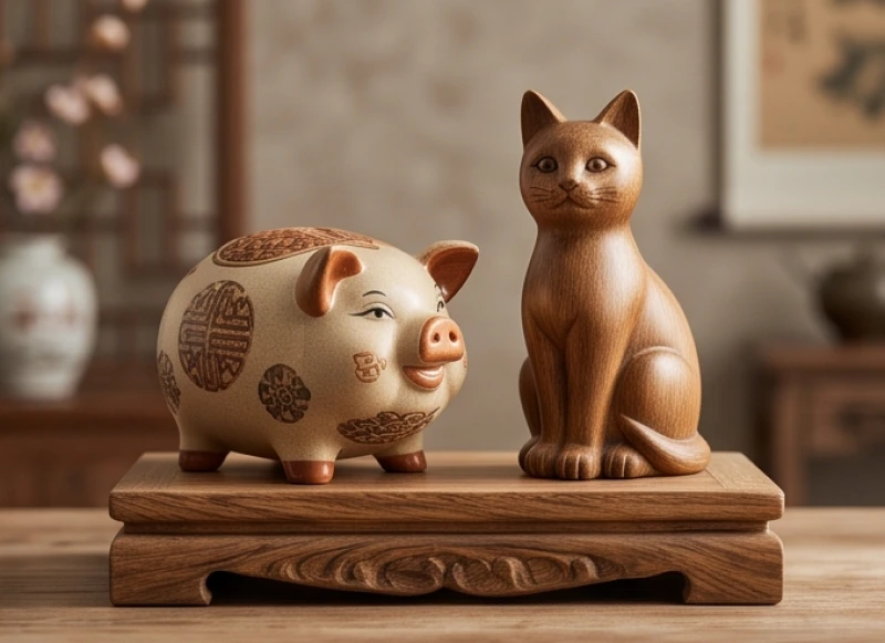 Bộ linh vật Tam hợp Hợi Mão Mùi bằng gốm sứ cao cấp đặt trên bệ đỡ bằng gỗ sồi