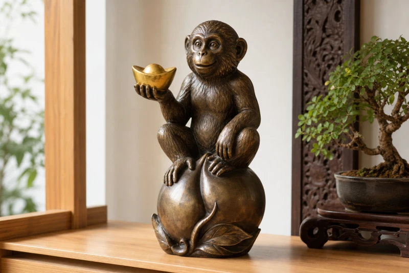 Bức tượng khỉ phong thủy đúc bằng đồng nguyên khối ngồi trên quả đào tiên và tay cầm thỏi vàng