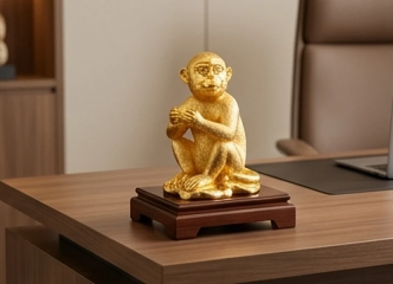 Tượng khỉ phong thủy mạ vàng 24k lấp lánh đặt trên đế gỗ sang trọng