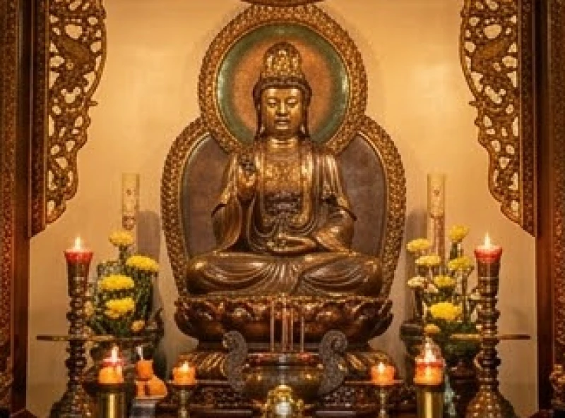 Bức tượng Linh Sơn Thánh Mẫu uy nghi rực rỡ dưới ánh đèn vàng trong không gian điện thờ thanh tịnh