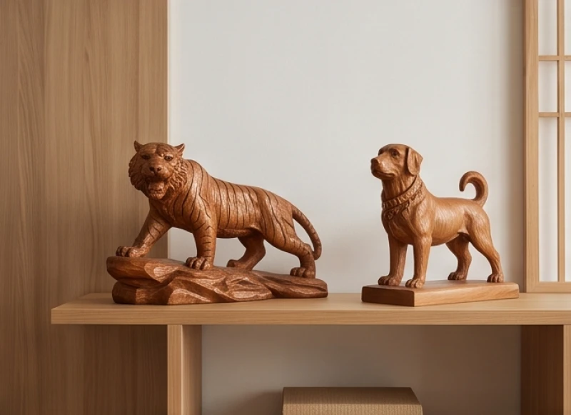 Đường tình duyên tuổi Ngọ: Mức độ hợp khắc và cách hóa giải 6 Tượng chạm khắc hình hổ và chó bằng gỗ tự nhiên được bày trí tinh tế trên kệ tủ không gian phòng khách