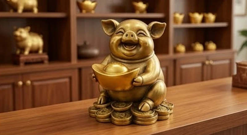 Tượng con lợn phong thủy hợp tuổi Hợi: cách chọn chuẩn Ngũ hành 2 Tượng lợn phong thủy mỉm cười ôm hũ vàng lớn đặt trên quầy thu ngân cửa hàng
