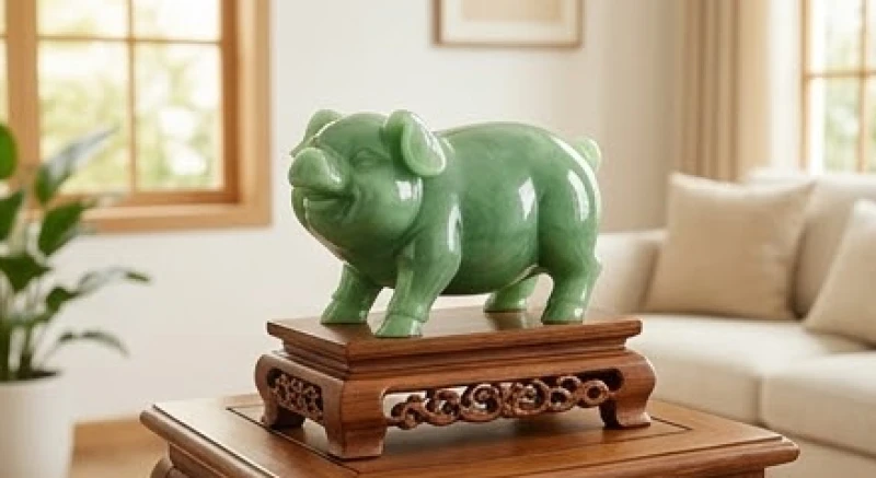 Tượng con lợn phong thủy hợp tuổi Hợi: cách chọn chuẩn Ngũ hành 1 Tượng lợn phong thủy tạc từ ngọc bích xanh lá cây đặt trên bệ gỗ trong phòng khách