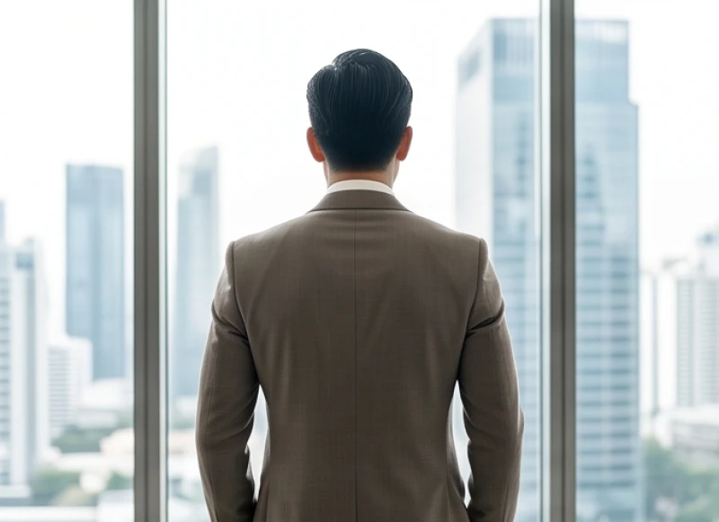 Người đàn ông mặc vest sang trọng với bóng lưng rộng vững chãi đang đứng nhìn ra cửa sổ