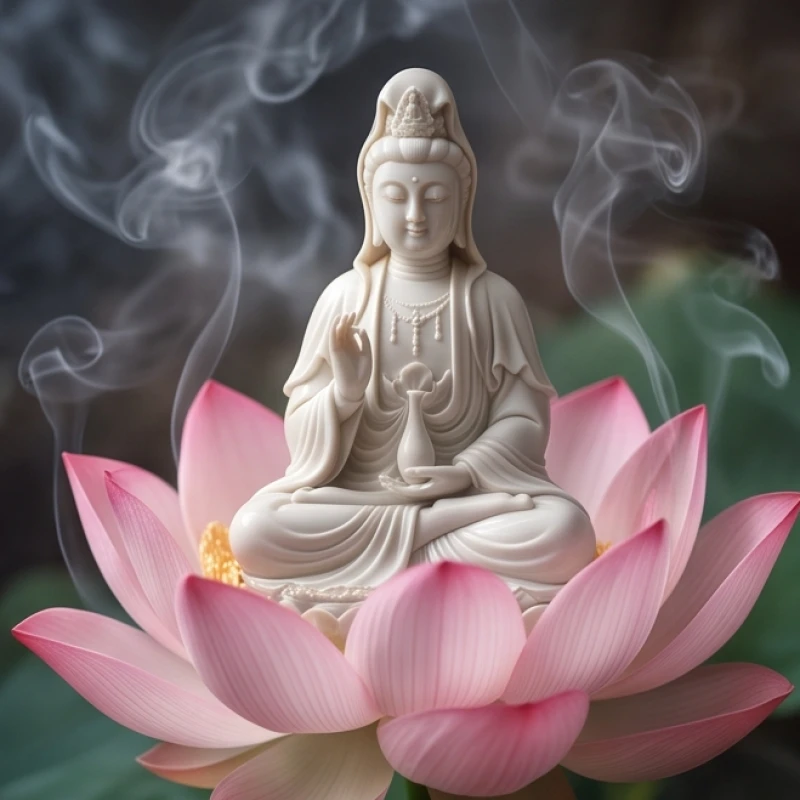 Tượng mẹ Quan Âm ngự trên đài sen hồng đang nở rộ giữa làn khói hương trầm thanh khiết và tĩnh lặng