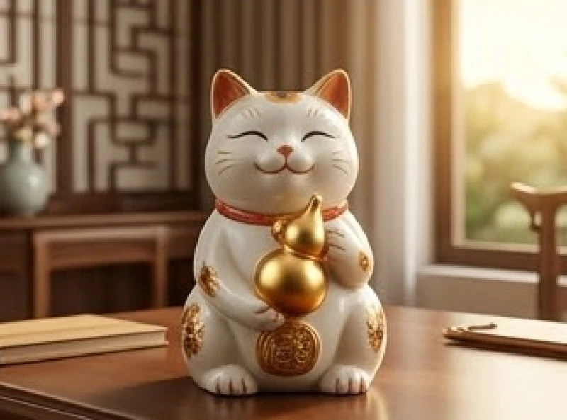 Tượng mèo phong thủy tay ôm chiếc hồ lô nhỏ biểu tượng cho sự trường thọ và hóa giải bệnh tật