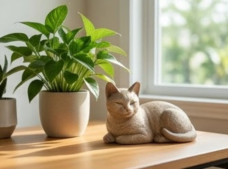 Bức tượng mèo nằm thư giãn bên chậu cây xanh tươi tốt đại diện cho hành Mộc uyển chuyển