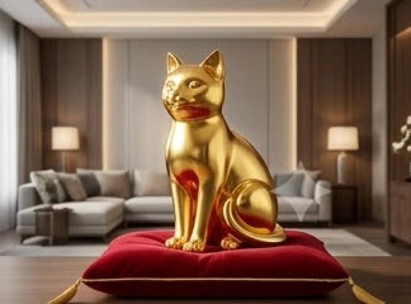 Bức tượng linh vật mèo đúc đồng và mạ vàng 24K sáng bóng rực rỡ tại vị trí trung tâm phòng khách