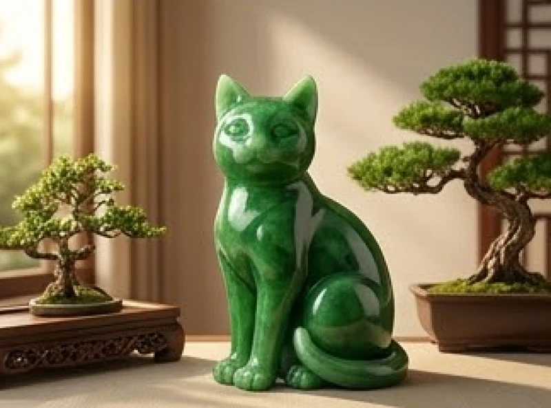 Tượng con mèo phong thủy màu xanh ngọc bích đặt cạnh chậu cây bonsai nhỏ dành cho tuổi Đinh Mão