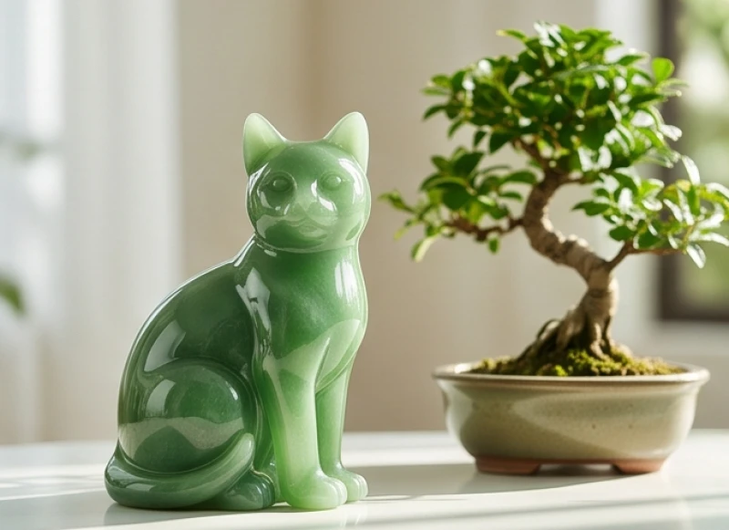Bức tượng mèo phong thủy chạm khắc từ ngọc cẩm thạch xanh lục bóng bẩy dành cho người mệnh Mộc
