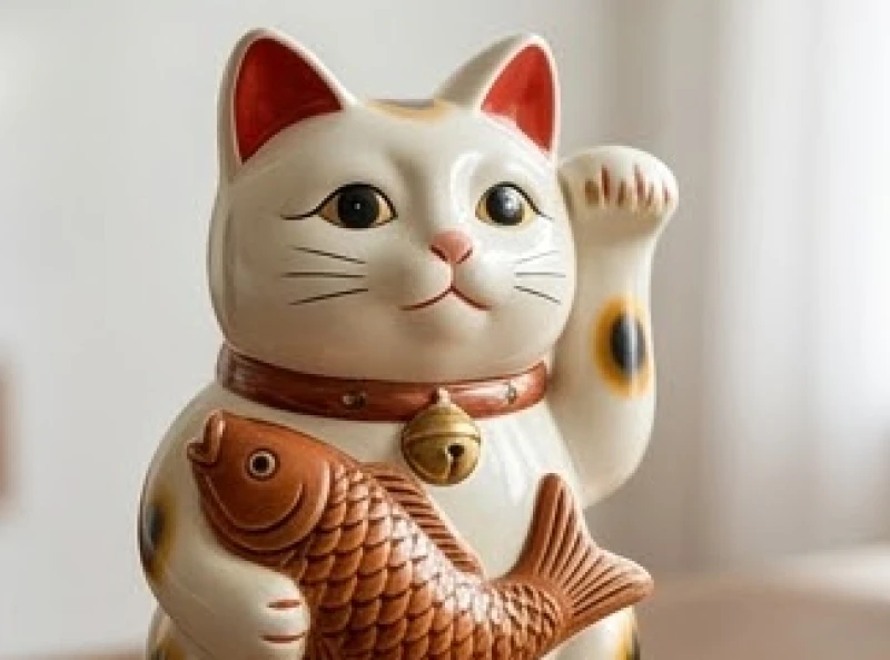 Chi tiết chạm khắc sắc nét của biểu tượng cá chép và chuông cổ trên thân bức tượng mèo chiêu tài
