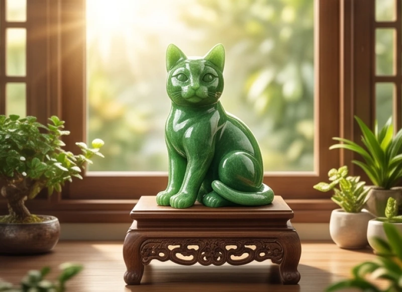 Tượng mèo phong thủy bằng ngọc bích màu xanh lục được bài trí trang trọng trên bệ gỗ hướng ra cửa