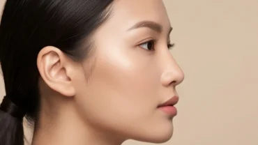 Khuôn mặt người phụ nữ Á Đông góc nghiêng thể hiện rõ tướng mũi thấp với phần sơn căn lõm sâu so với trán