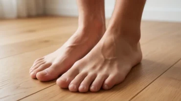 Bàn chân người trưởng thành có tướng ngón chân dài khỏe mạnh đặt trên thảm gỗ sồi tự nhiên