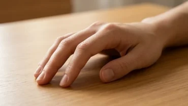 Bàn tay xòe tự nhiên trên mặt bàn phẳng gỗ ấm áp bộc lộ rõ nét tướng ngón tay cong bẩm sinh