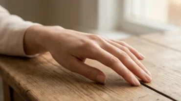 Bàn tay phụ nữ có tướng ngón tay dài thon gọn đang đặt nhẹ trên mặt bàn gỗ