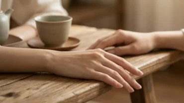 Đôi bàn tay có tướng ngón tay thon dài thanh thoát đặt nhẹ nhàng trên bàn trà gỗ