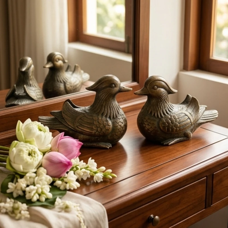 Cặp tượng ngỗng uyên ương bằng đồng sáng bóng đặt gọn gàng trên chiếc bàn gỗ nhỏ